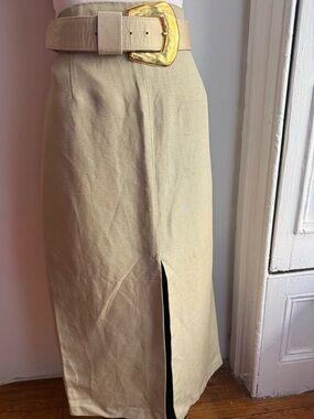 Sage Green Linen High Waisted Midi Skirt Front Slit Fully Lined Minimalist